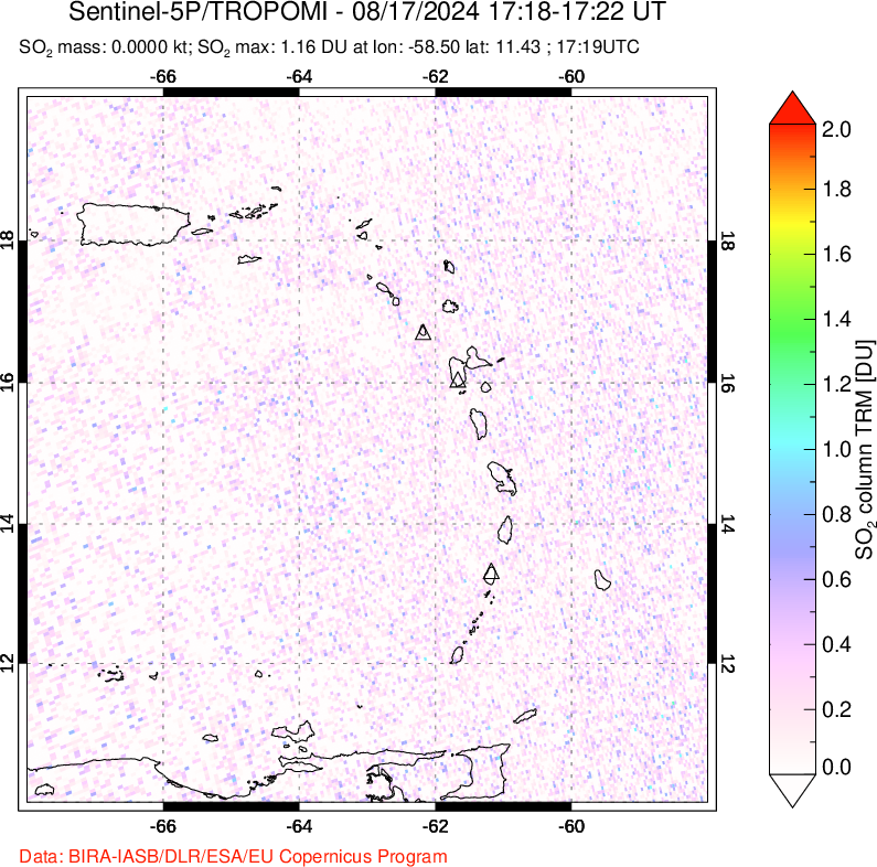 A sulfur dioxide image over Montserrat, West Indies on Aug 17, 2024.