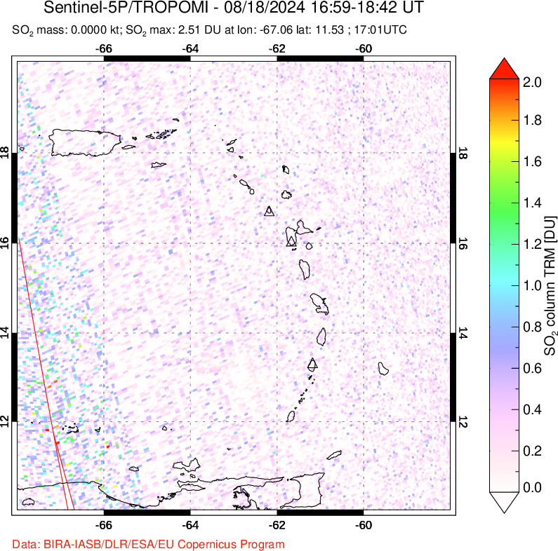 A sulfur dioxide image over Montserrat, West Indies on Aug 18, 2024.