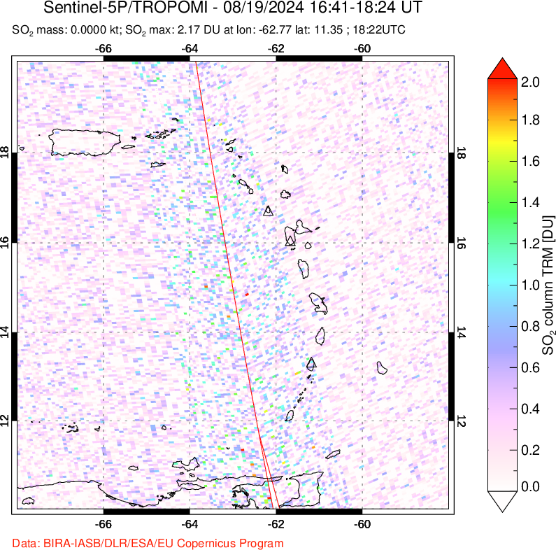 A sulfur dioxide image over Montserrat, West Indies on Aug 19, 2024.