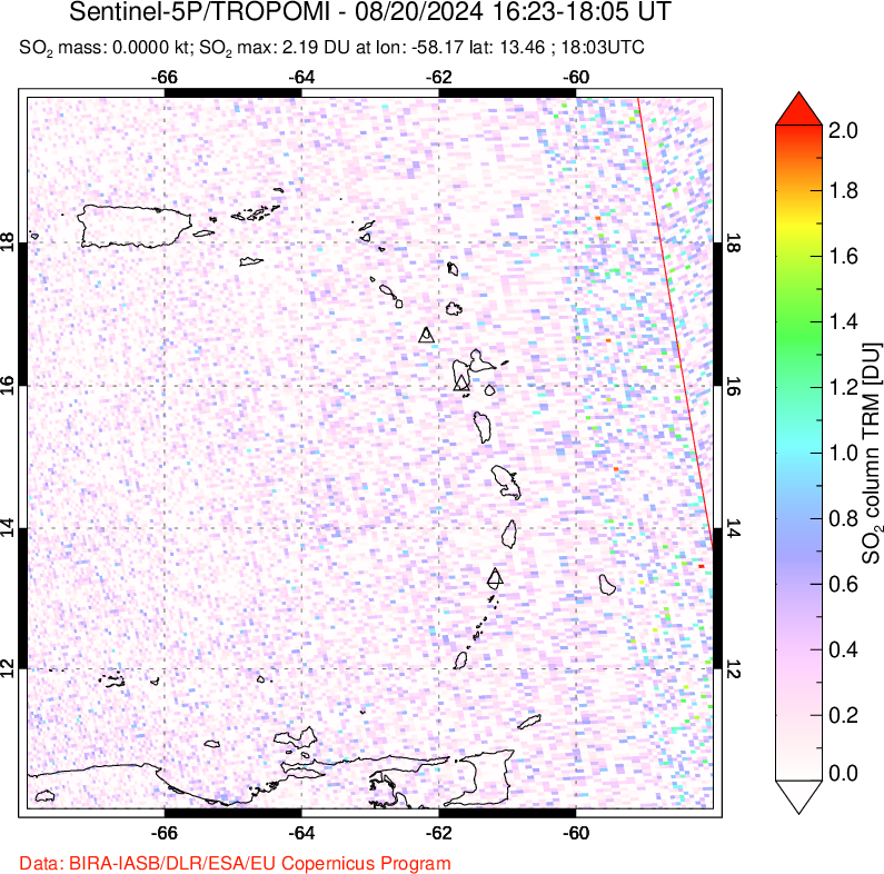 A sulfur dioxide image over Montserrat, West Indies on Aug 20, 2024.