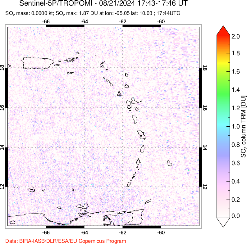 A sulfur dioxide image over Montserrat, West Indies on Aug 21, 2024.