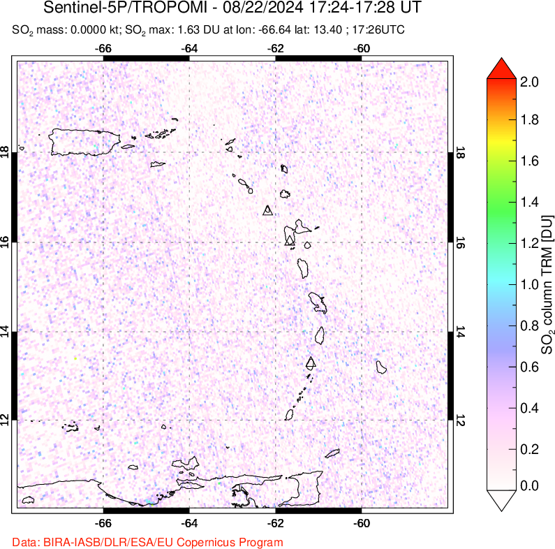 A sulfur dioxide image over Montserrat, West Indies on Aug 22, 2024.