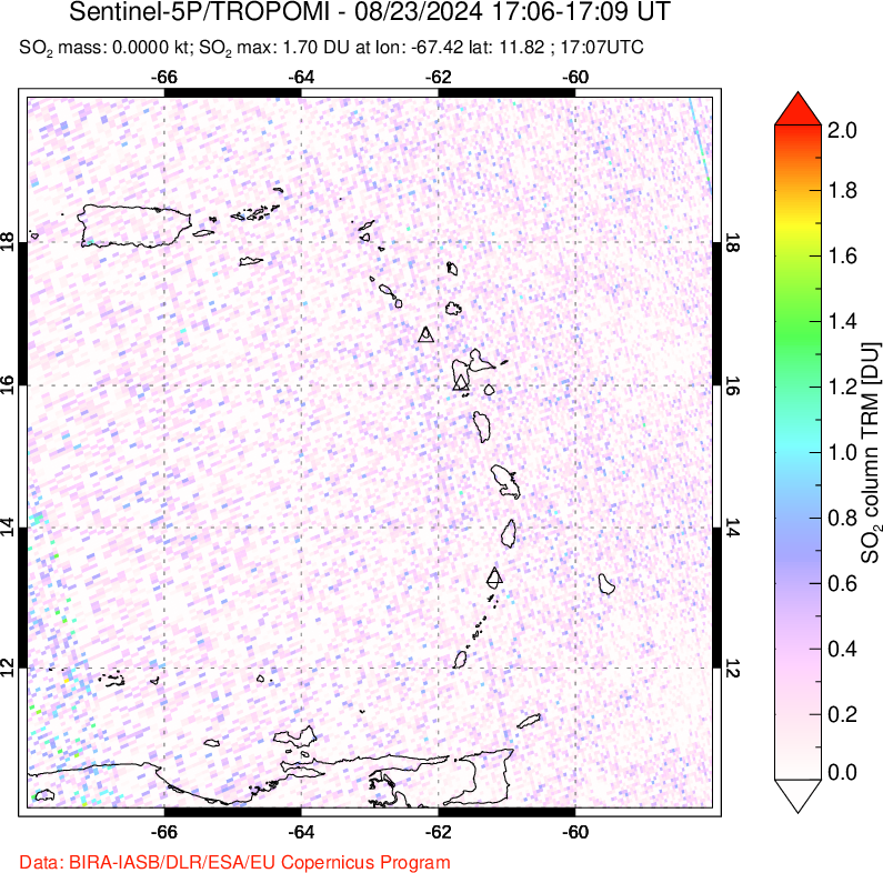 A sulfur dioxide image over Montserrat, West Indies on Aug 23, 2024.