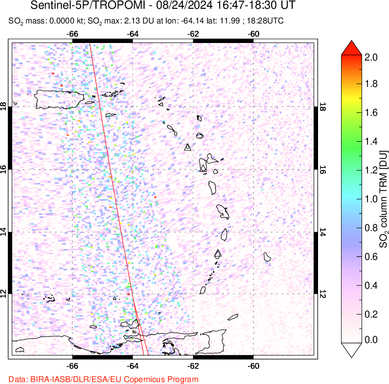 A sulfur dioxide image over Montserrat, West Indies on Aug 24, 2024.