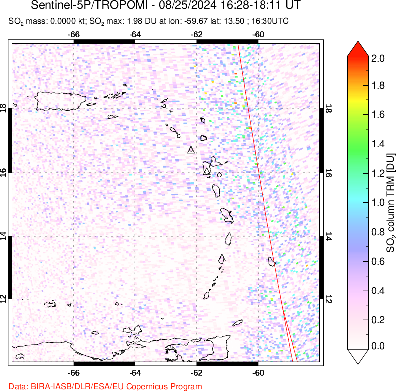 A sulfur dioxide image over Montserrat, West Indies on Aug 25, 2024.