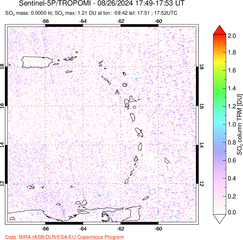 A sulfur dioxide image over Montserrat, West Indies on Aug 26, 2024.