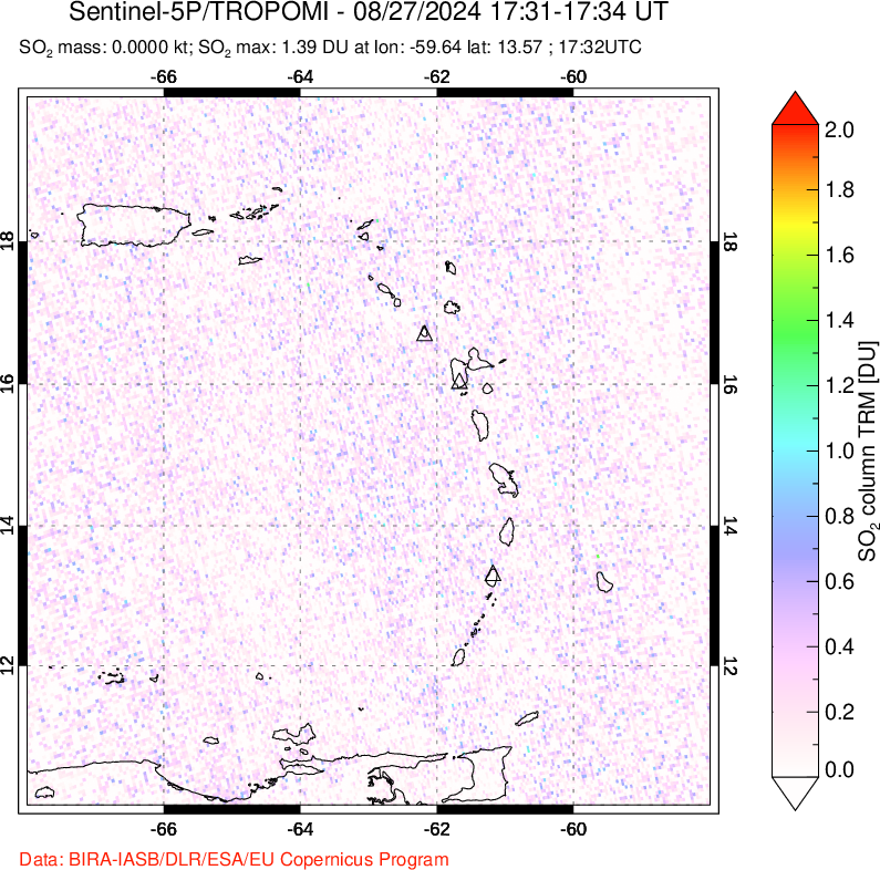 A sulfur dioxide image over Montserrat, West Indies on Aug 27, 2024.