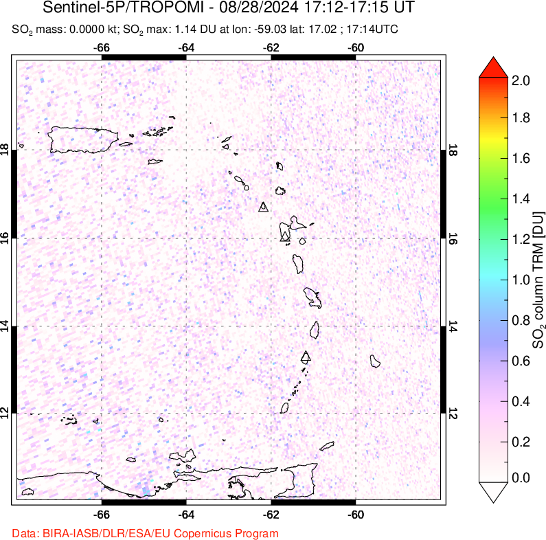 A sulfur dioxide image over Montserrat, West Indies on Aug 28, 2024.