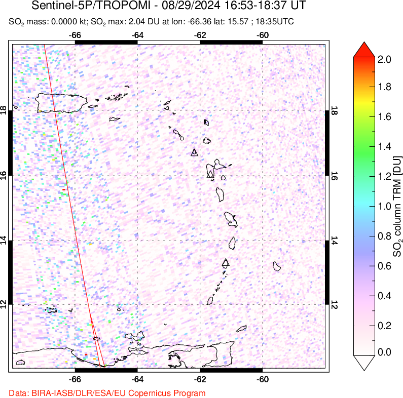 A sulfur dioxide image over Montserrat, West Indies on Aug 29, 2024.