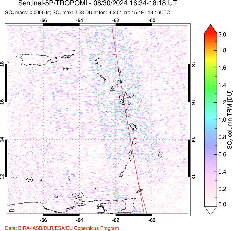 A sulfur dioxide image over Montserrat, West Indies on Aug 30, 2024.