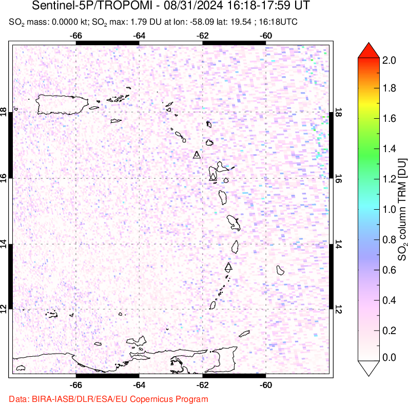 A sulfur dioxide image over Montserrat, West Indies on Aug 31, 2024.