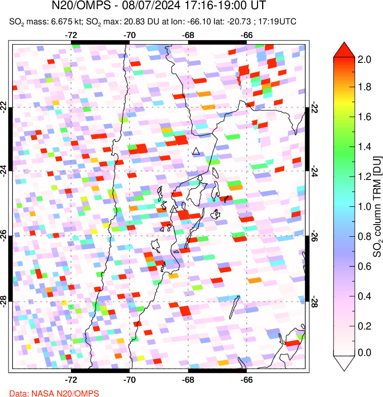 A sulfur dioxide image over Northern Chile on Aug 07, 2024.