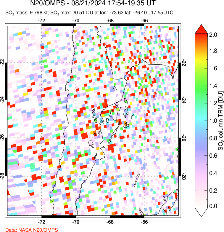 A sulfur dioxide image over Northern Chile on Aug 21, 2024.