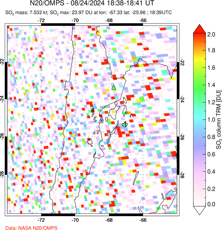 A sulfur dioxide image over Northern Chile on Aug 24, 2024.