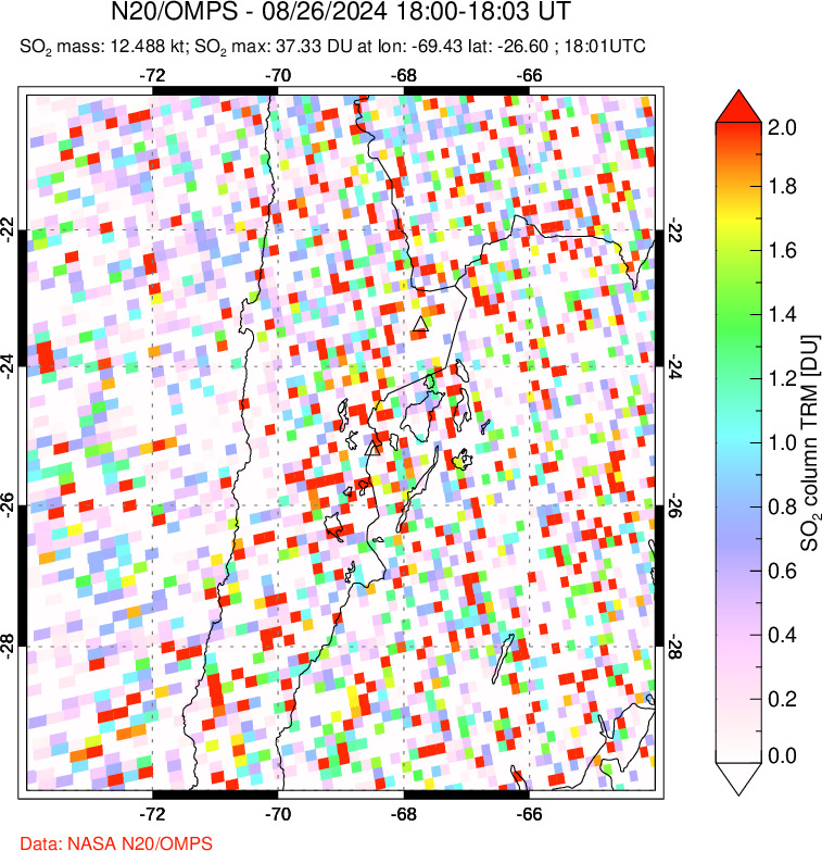 A sulfur dioxide image over Northern Chile on Aug 26, 2024.