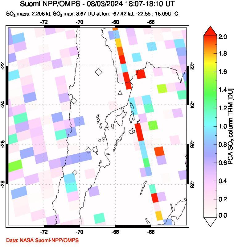 A sulfur dioxide image over Northern Chile on Aug 03, 2024.