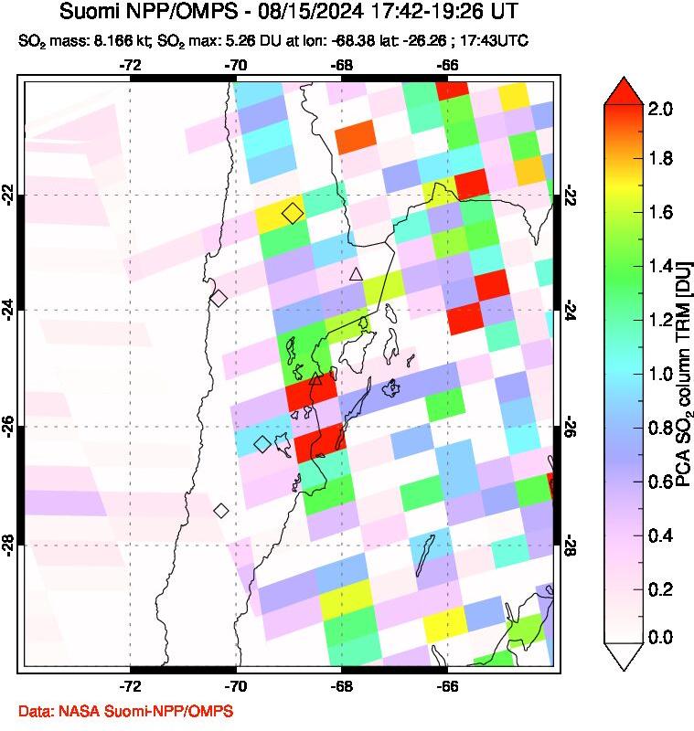 A sulfur dioxide image over Northern Chile on Aug 15, 2024.