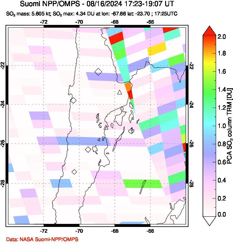 A sulfur dioxide image over Northern Chile on Aug 16, 2024.