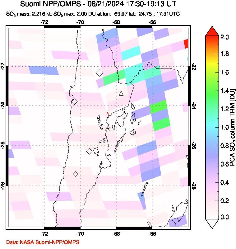 A sulfur dioxide image over Northern Chile on Aug 21, 2024.