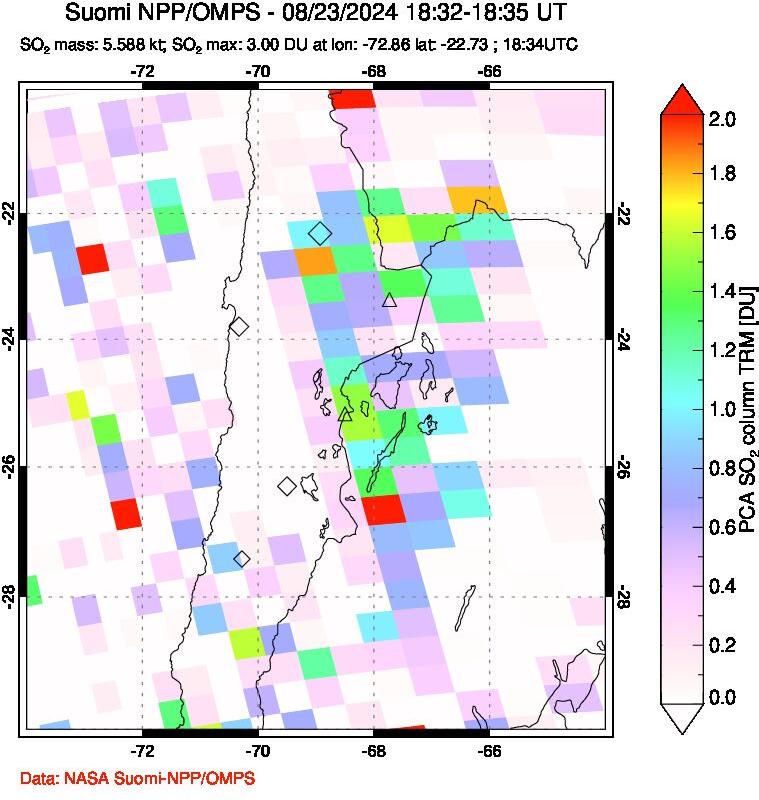 A sulfur dioxide image over Northern Chile on Aug 23, 2024.