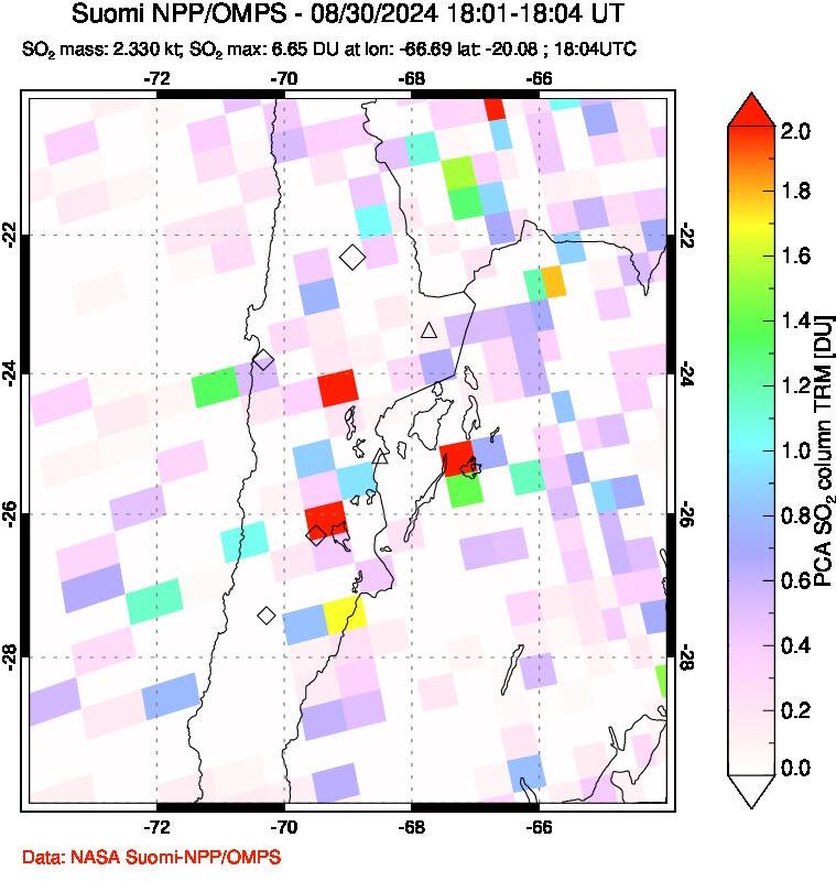 A sulfur dioxide image over Northern Chile on Aug 30, 2024.