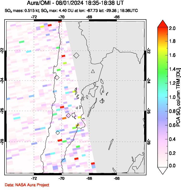 A sulfur dioxide image over Northern Chile on Aug 01, 2024.