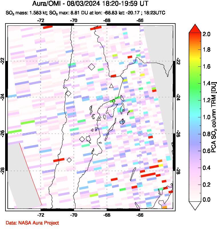 A sulfur dioxide image over Northern Chile on Aug 03, 2024.