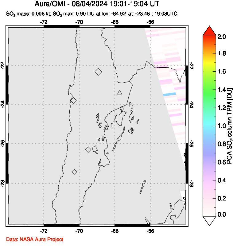 A sulfur dioxide image over Northern Chile on Aug 04, 2024.