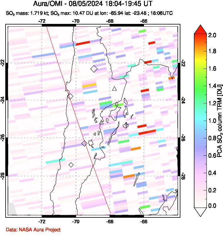 A sulfur dioxide image over Northern Chile on Aug 05, 2024.