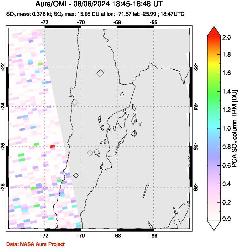 A sulfur dioxide image over Northern Chile on Aug 06, 2024.