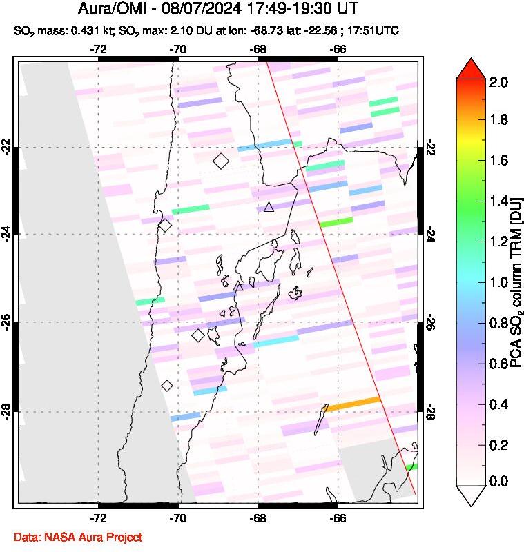 A sulfur dioxide image over Northern Chile on Aug 07, 2024.