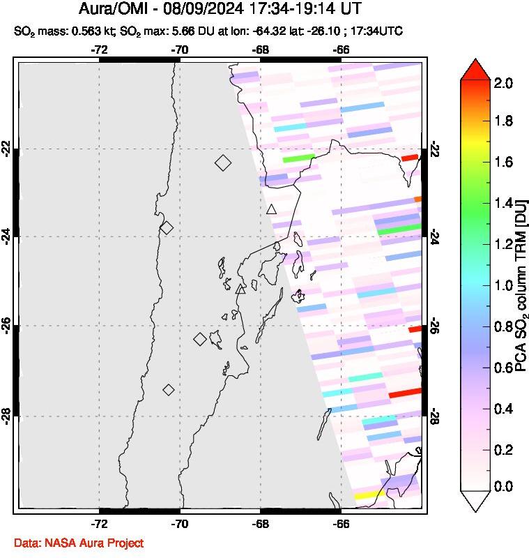 A sulfur dioxide image over Northern Chile on Aug 09, 2024.