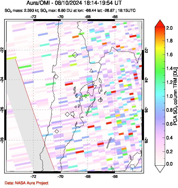 A sulfur dioxide image over Northern Chile on Aug 10, 2024.