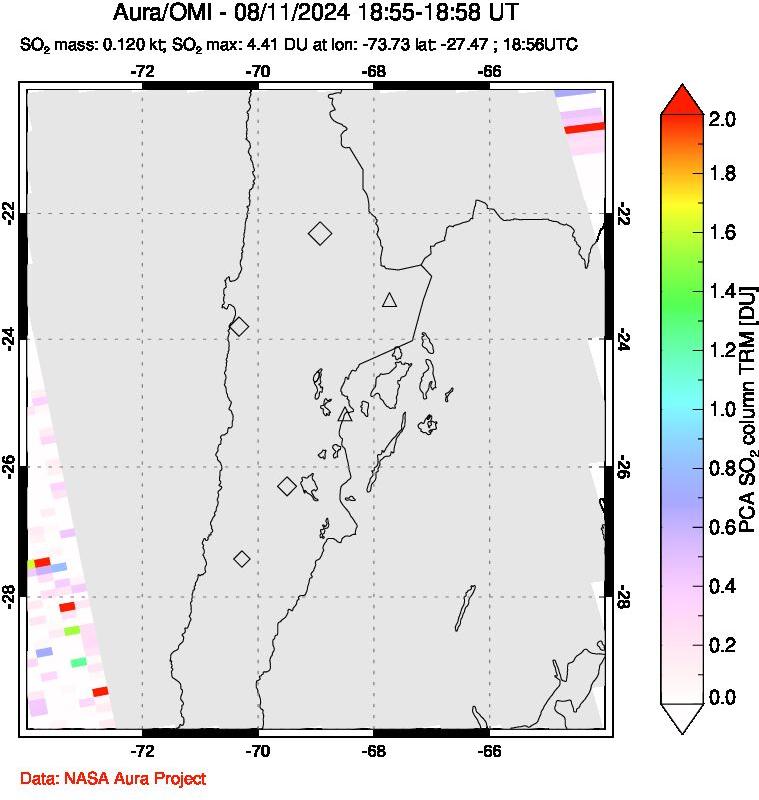 A sulfur dioxide image over Northern Chile on Aug 11, 2024.