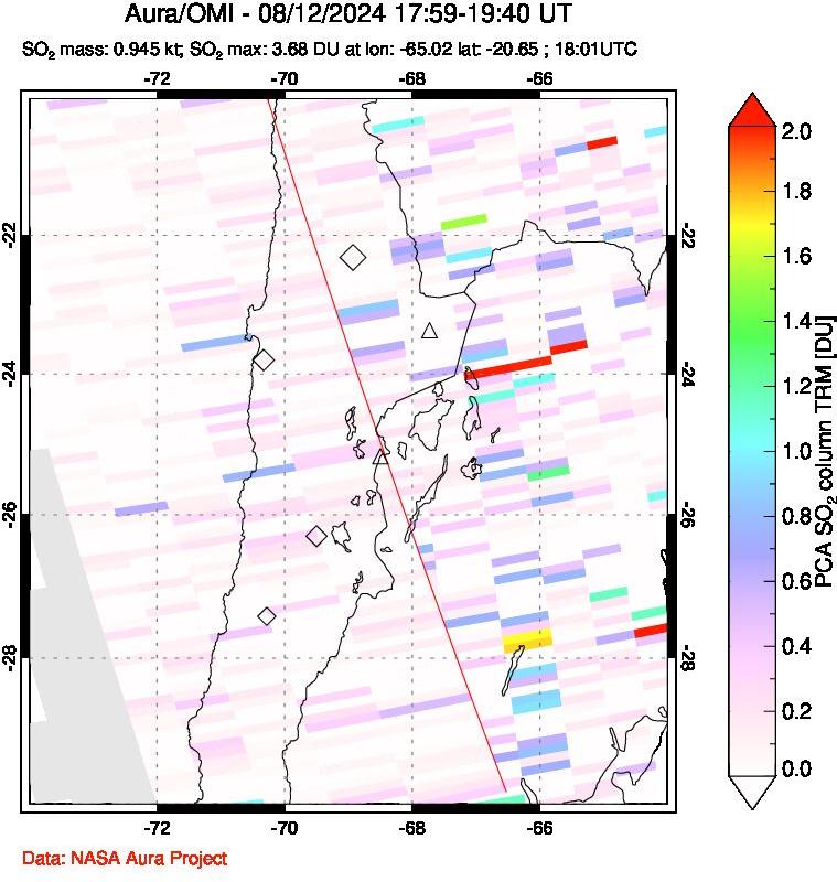 A sulfur dioxide image over Northern Chile on Aug 12, 2024.