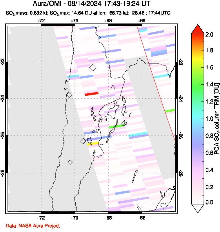 A sulfur dioxide image over Northern Chile on Aug 14, 2024.