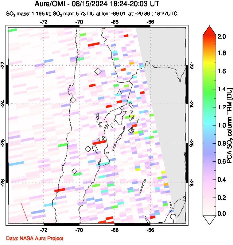 A sulfur dioxide image over Northern Chile on Aug 15, 2024.