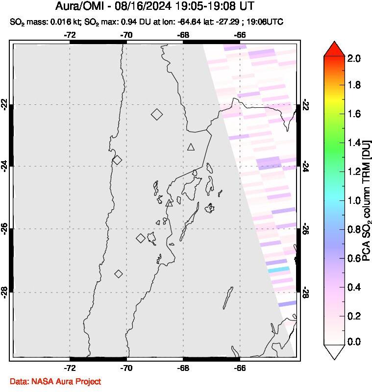 A sulfur dioxide image over Northern Chile on Aug 16, 2024.