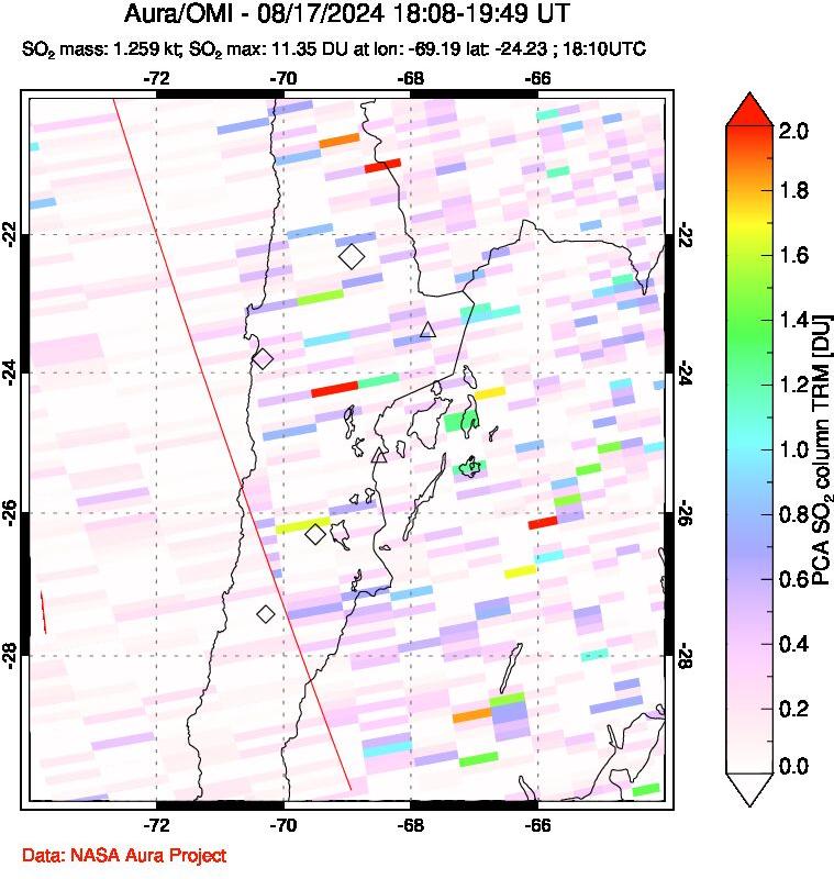 A sulfur dioxide image over Northern Chile on Aug 17, 2024.