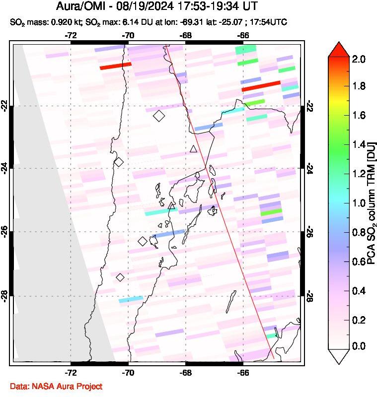 A sulfur dioxide image over Northern Chile on Aug 19, 2024.