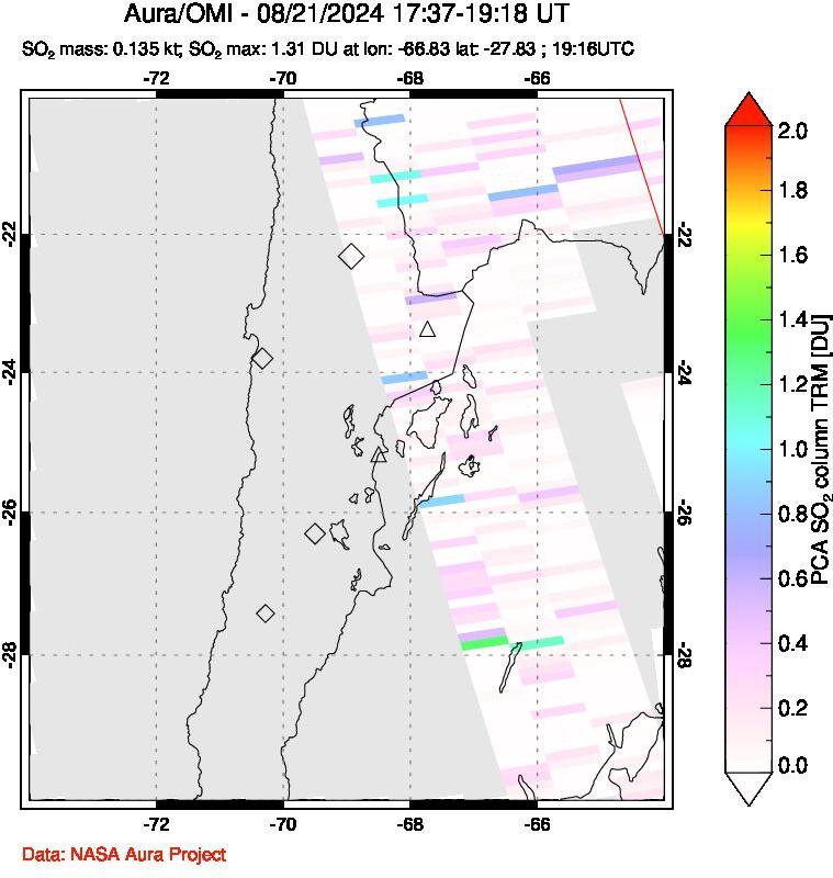 A sulfur dioxide image over Northern Chile on Aug 21, 2024.