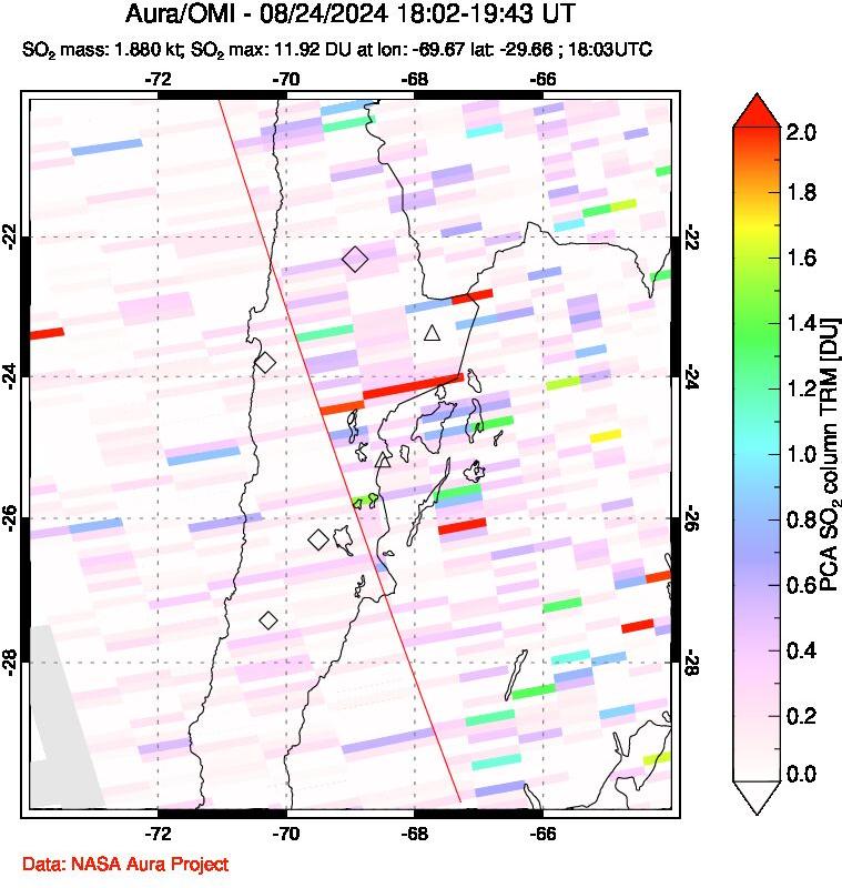 A sulfur dioxide image over Northern Chile on Aug 24, 2024.