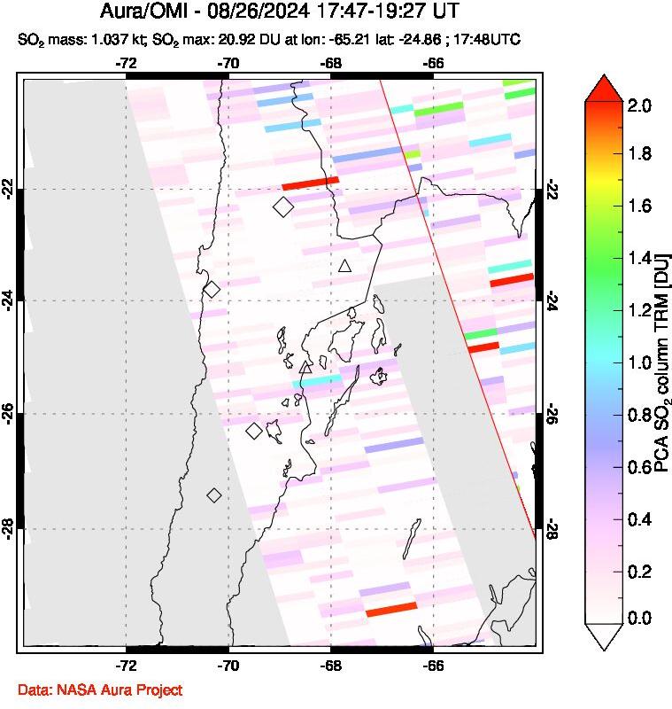 A sulfur dioxide image over Northern Chile on Aug 26, 2024.