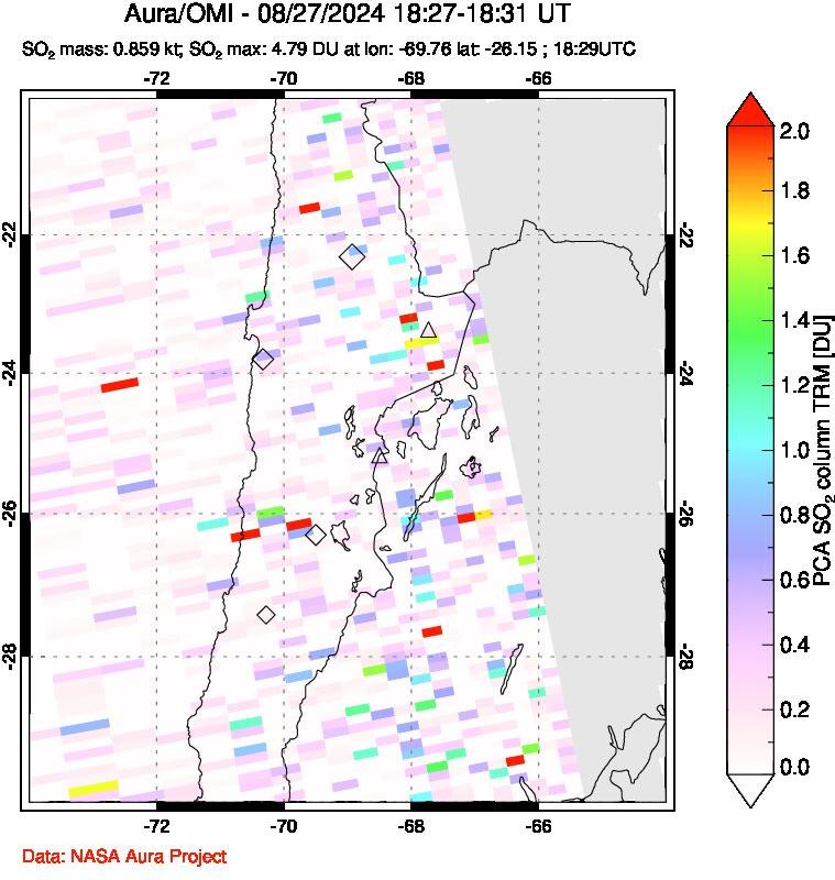 A sulfur dioxide image over Northern Chile on Aug 27, 2024.