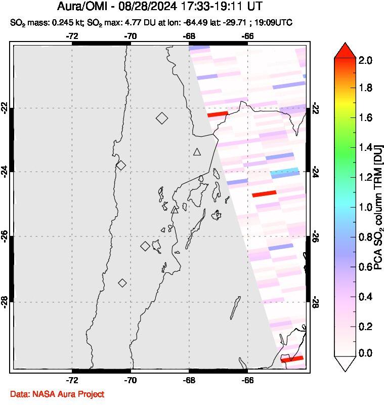 A sulfur dioxide image over Northern Chile on Aug 28, 2024.