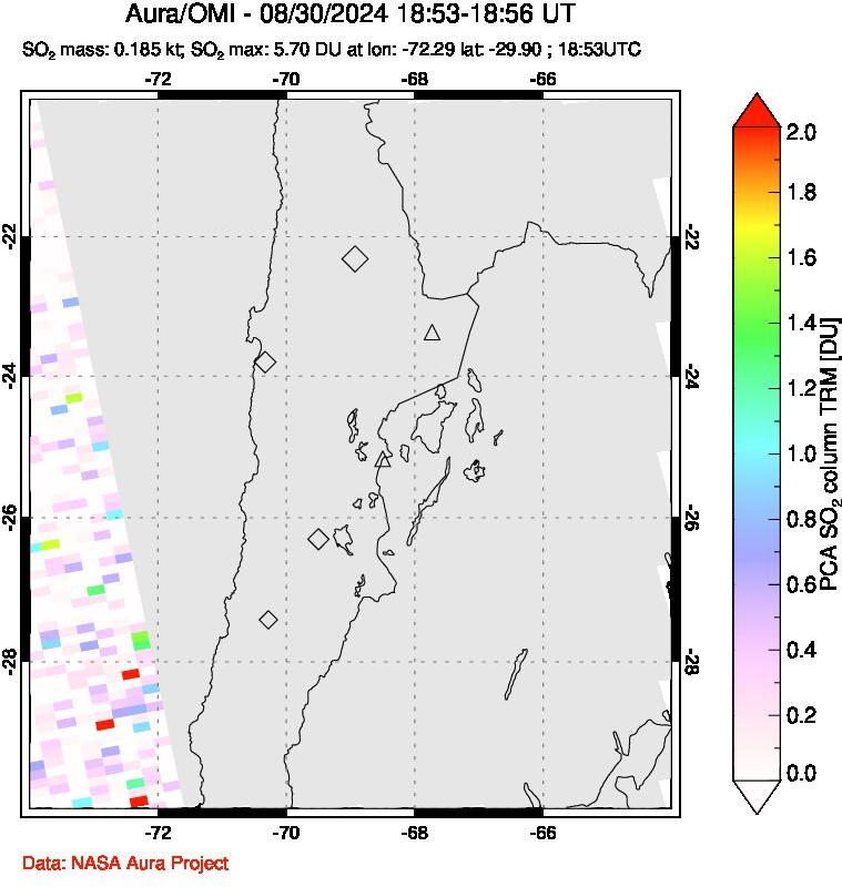 A sulfur dioxide image over Northern Chile on Aug 30, 2024.