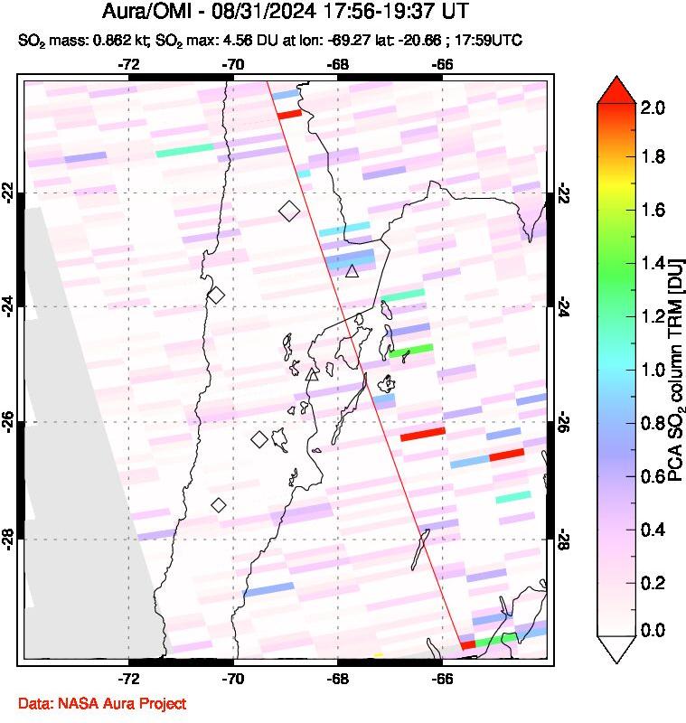 A sulfur dioxide image over Northern Chile on Aug 31, 2024.