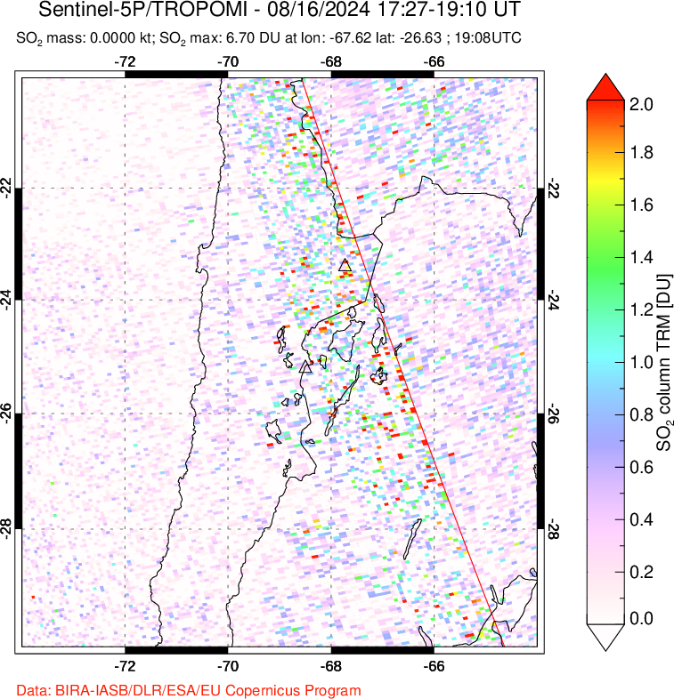 A sulfur dioxide image over Northern Chile on Aug 16, 2024.