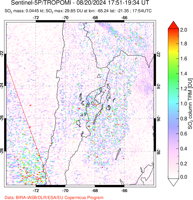 A sulfur dioxide image over Northern Chile on Aug 20, 2024.