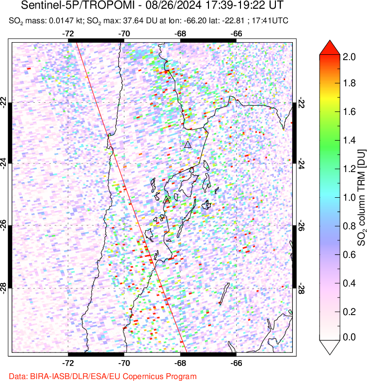 A sulfur dioxide image over Northern Chile on Aug 26, 2024.